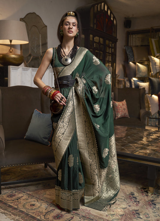 Pine Green Faux Georgette Handloom Weaving Saree