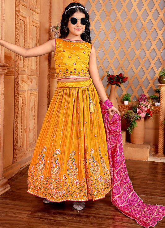 Golden Yellow Chinnon Embroidered Kids Girl Lehenga Choli