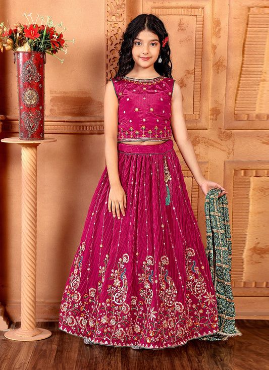 Raspberry Pink Chinnon Embroidered Kids Girl Lehenga Choli