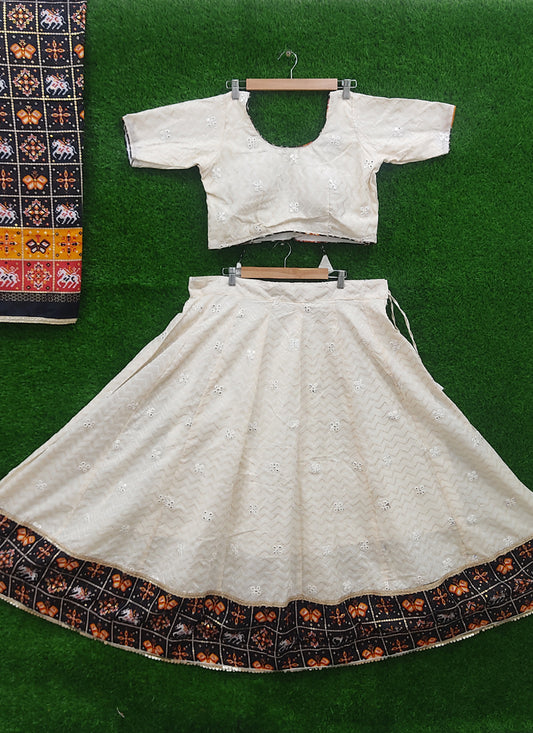 Cream and Black Cotton Chaniya Choli with Hyderabadi Print