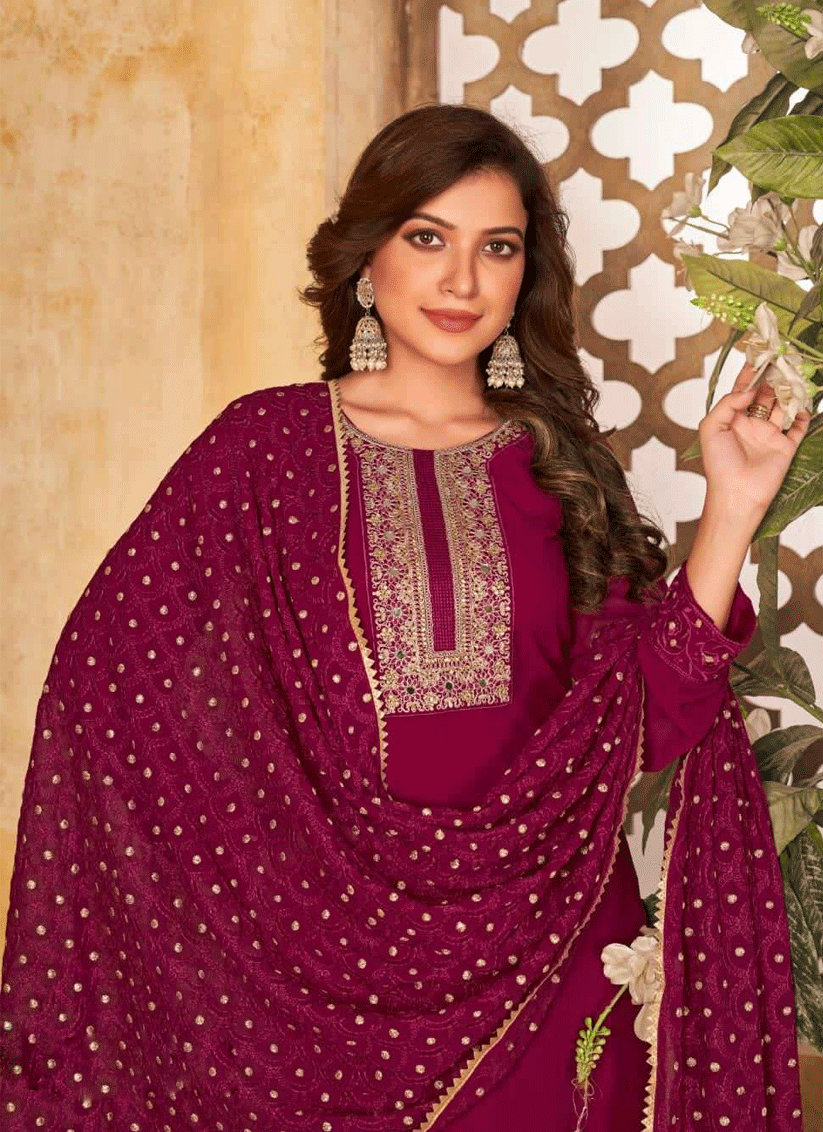 Wine Georgette Embroidered Ready Made Pant Kameez