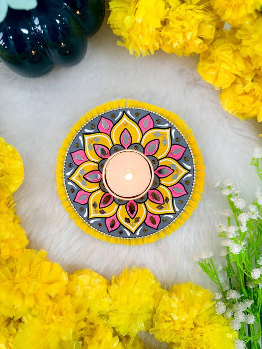 Yellow Mandala ArtWork Candle Holder (4.5 inches)