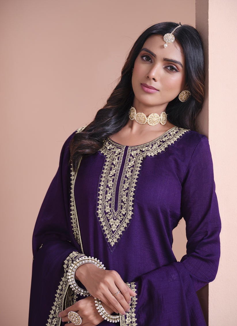 Violet Art Silk Embroidered Palazzo Kameez