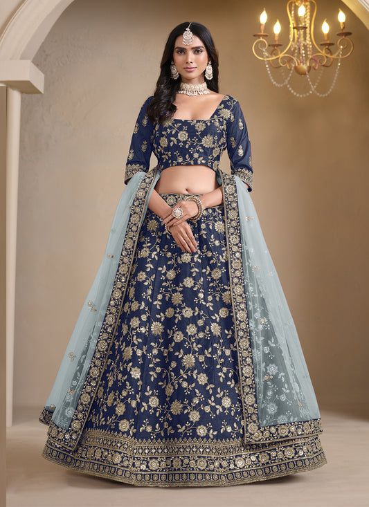 Navy Blue Art Silk Embroidered Lehenga Choli