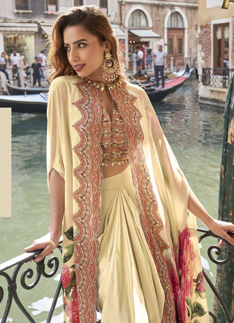 Designer Beige Crepe Indo-Western Outfit with Digital Print and Hand Embellishments