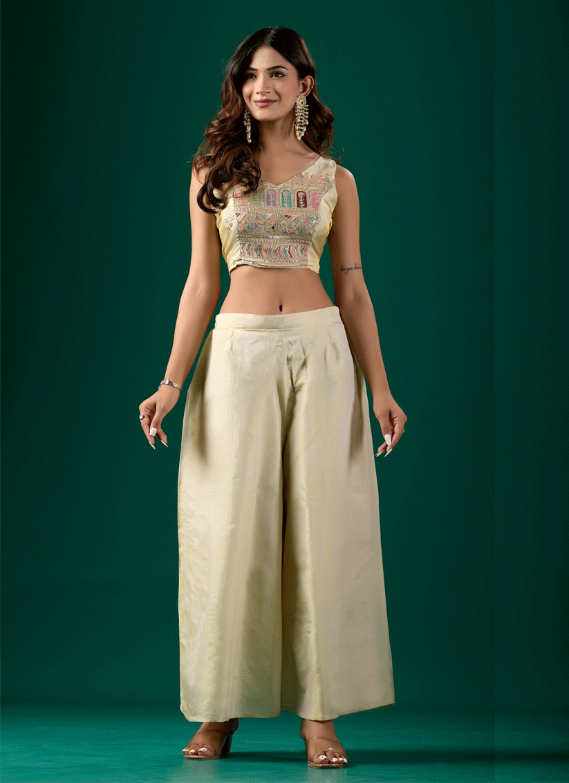 Elegant Off-White Nylon Tissue Stitched Party Wear Suit with Embroidery