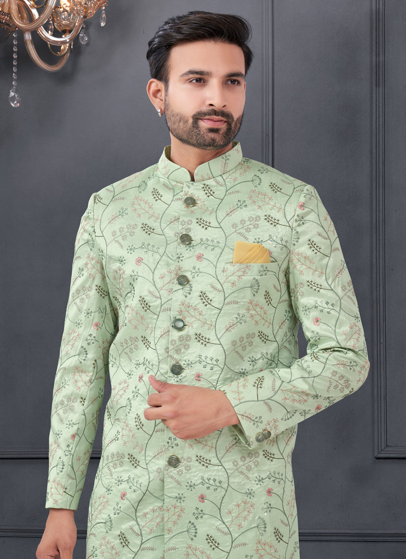 Pastel Green Pure Silk Embroidered Mens IndoWestern