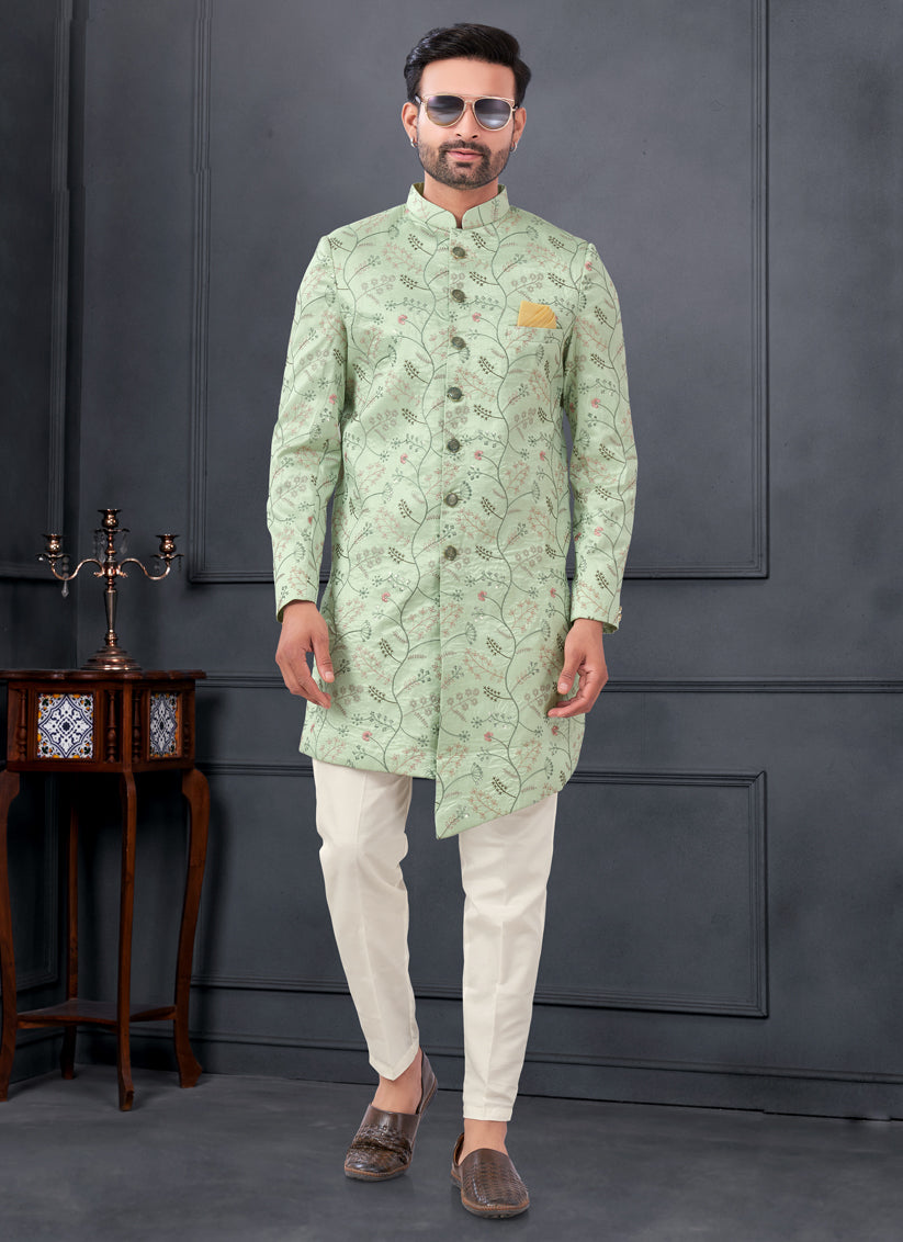 Pastel Green Pure Silk Embroidered Mens IndoWestern