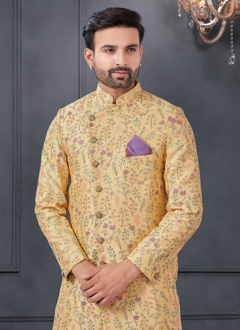 Golden Apricot Pure Silk Embroidered Mens IndoWestern