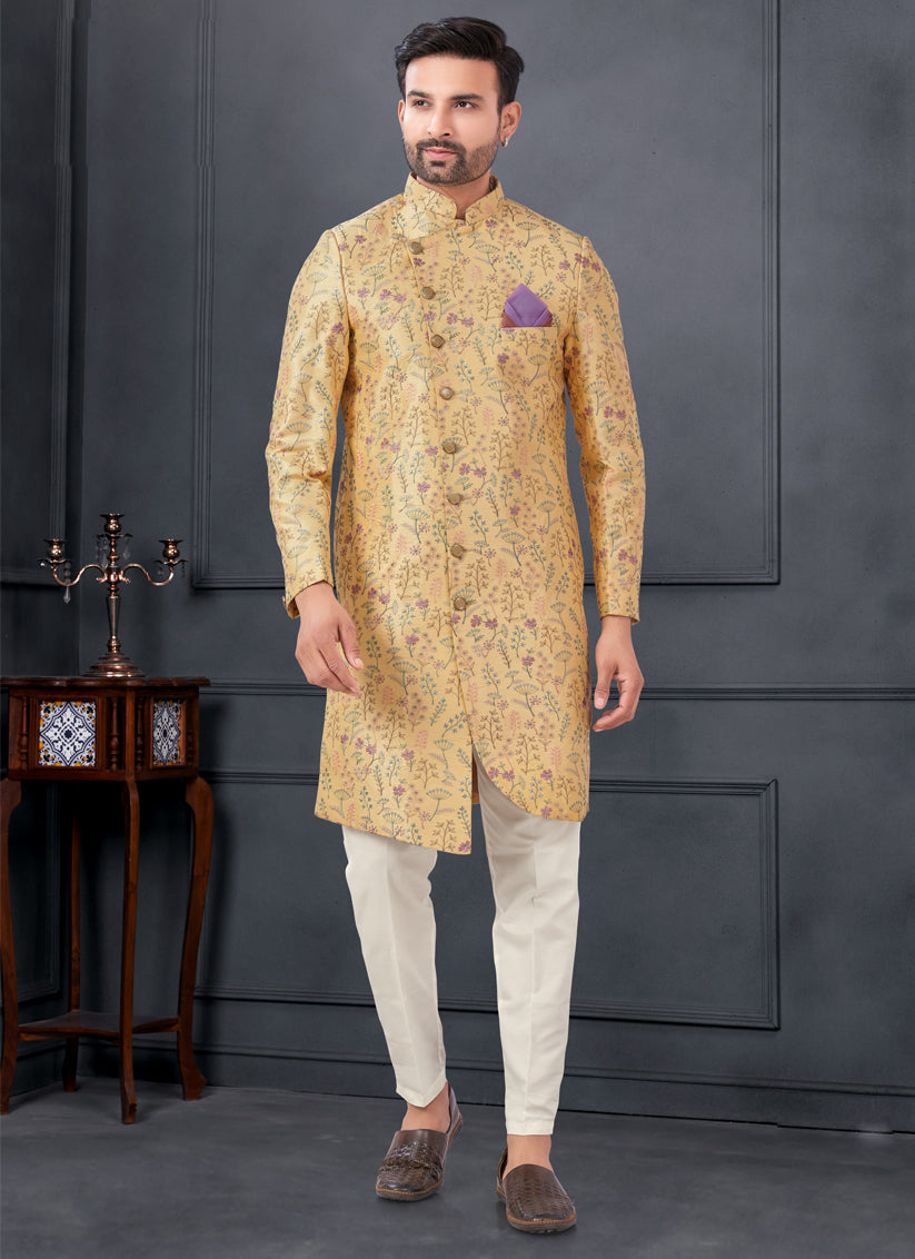 Golden Apricot Pure Silk Embroidered Mens IndoWestern