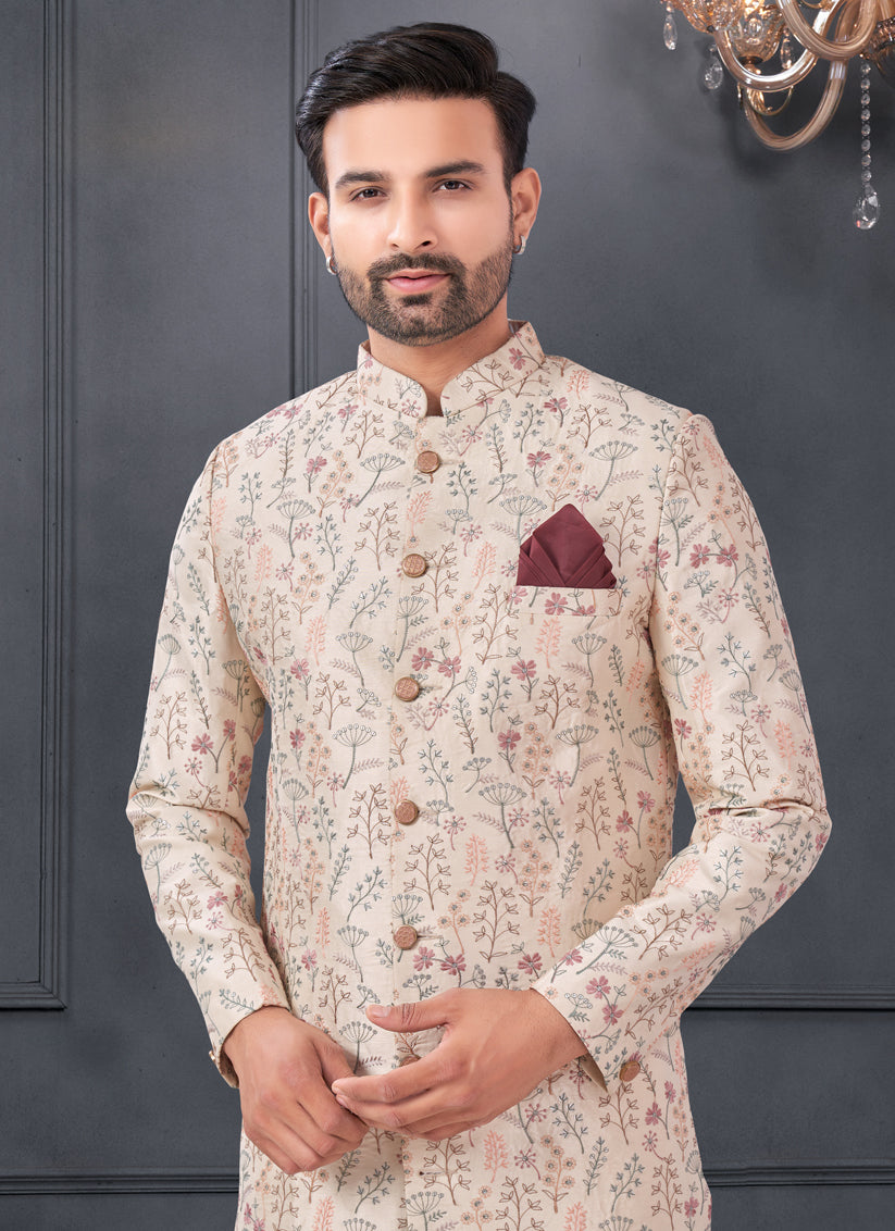 Blush Peach Pure Silk Embroidered Mens IndoWestern