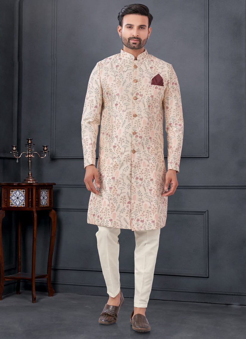 Blush Peach Pure Silk Embroidered Mens IndoWestern