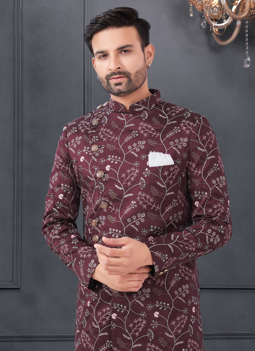 Burgundy Pure Silk Embroidered Mens IndoWestern