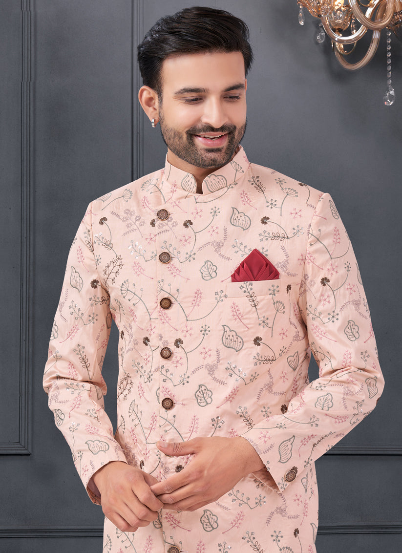 Blush Pink Pure Silk Embroidered Mens IndoWestern