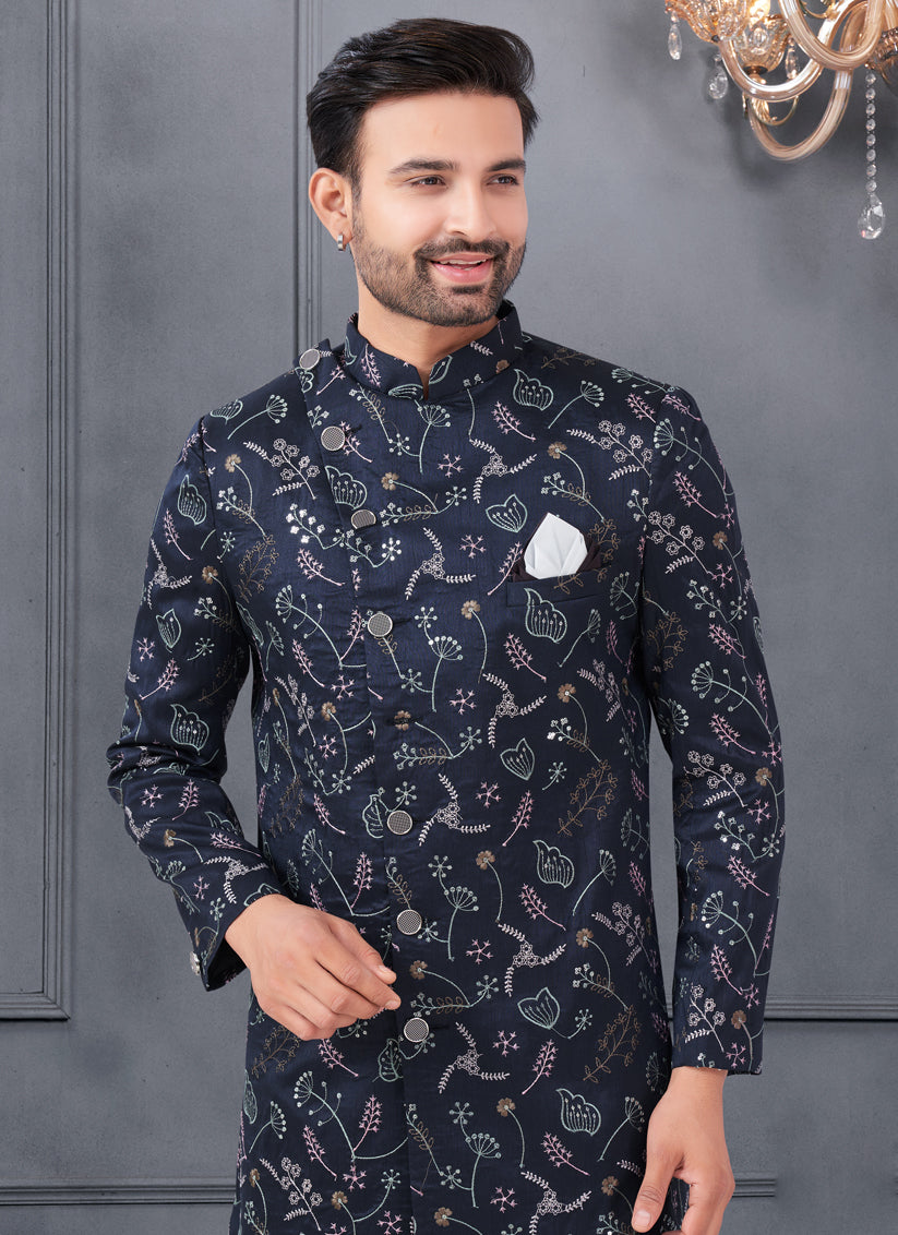 Midnight Blue Pure Silk Embroidered Mens IndoWestern