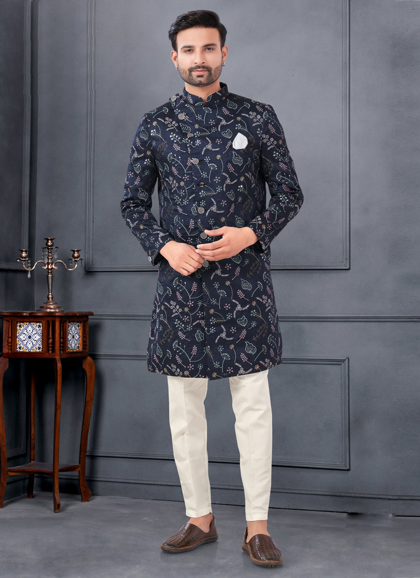 Midnight Blue Pure Silk Embroidered Mens IndoWestern