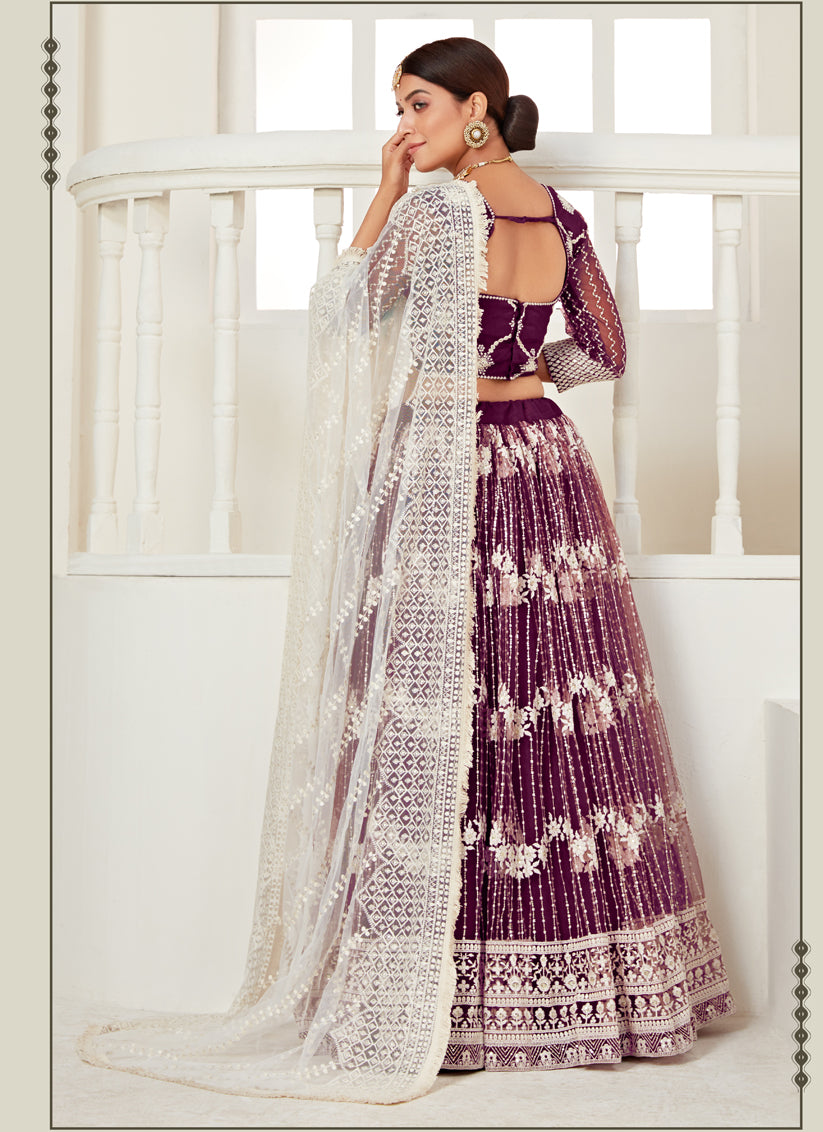 Wine Net Embroidered Designer Lehenga Choli