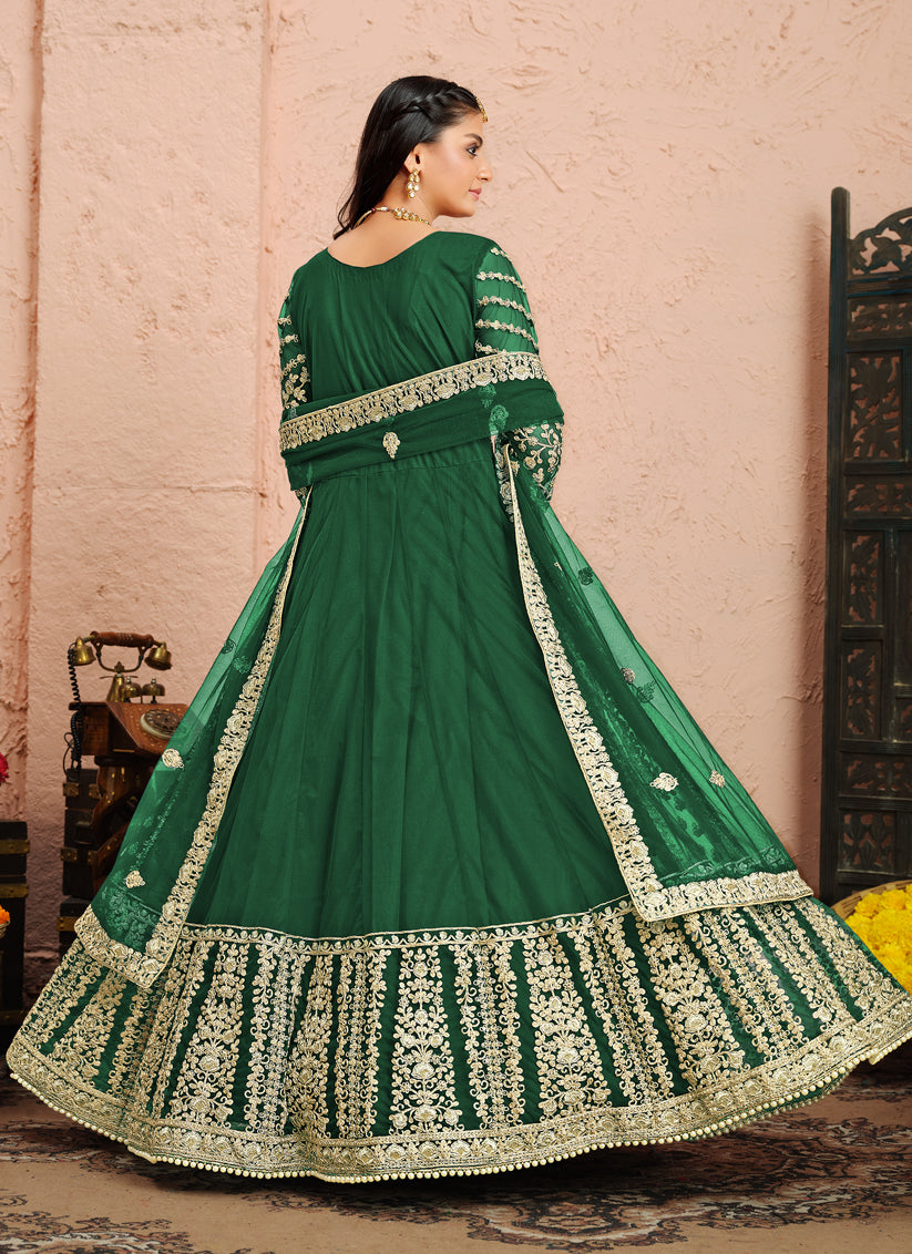 Green Net Heavy Embroidered Anarkali Suit