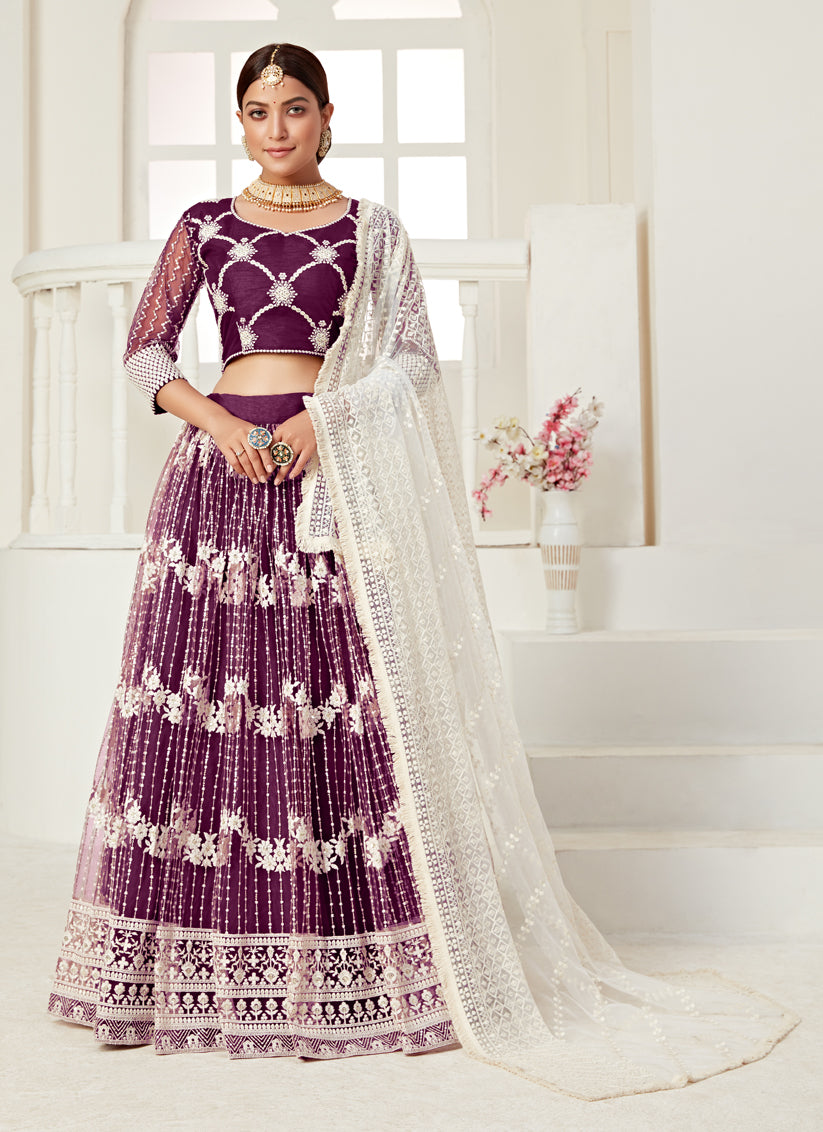 Wine Net Embroidered Designer Lehenga Choli