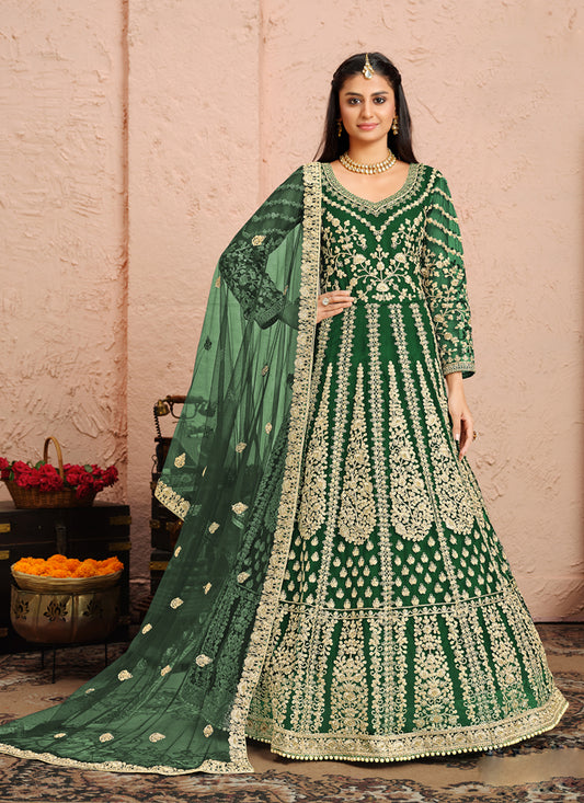 Green Net Heavy Embroidered Anarkali Suit