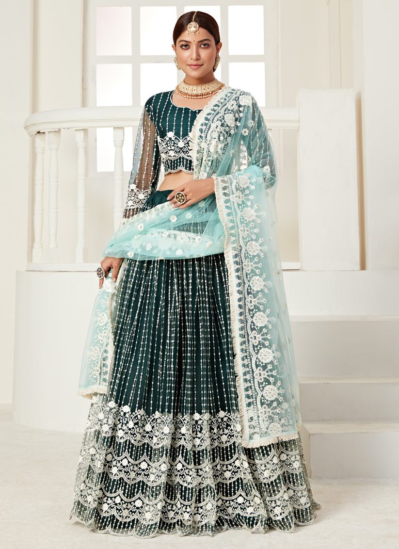 Pine Green Net Embroidered Designer Lehenga Choli