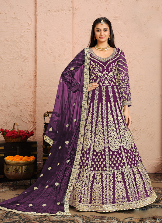 Purple Net Heavy Embroidered Anarkali Suit