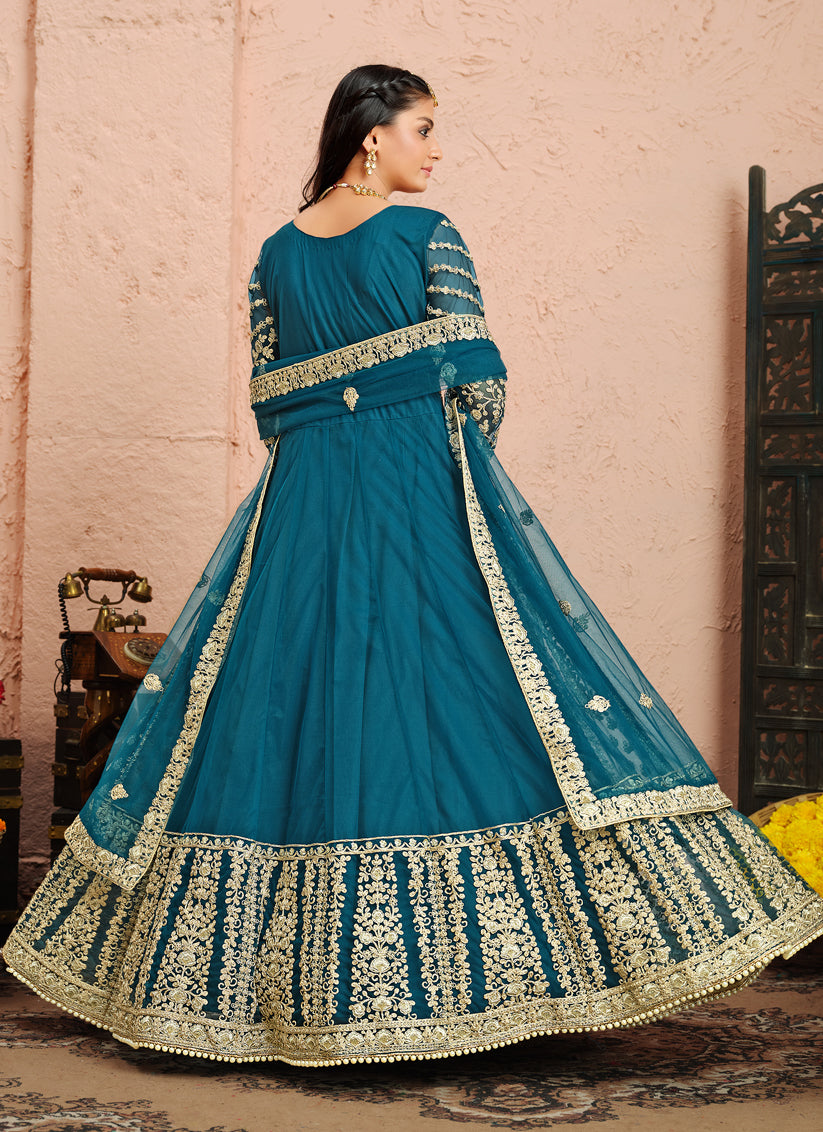 Teal Blue Net Heavy Embroidered Anarkali Suit