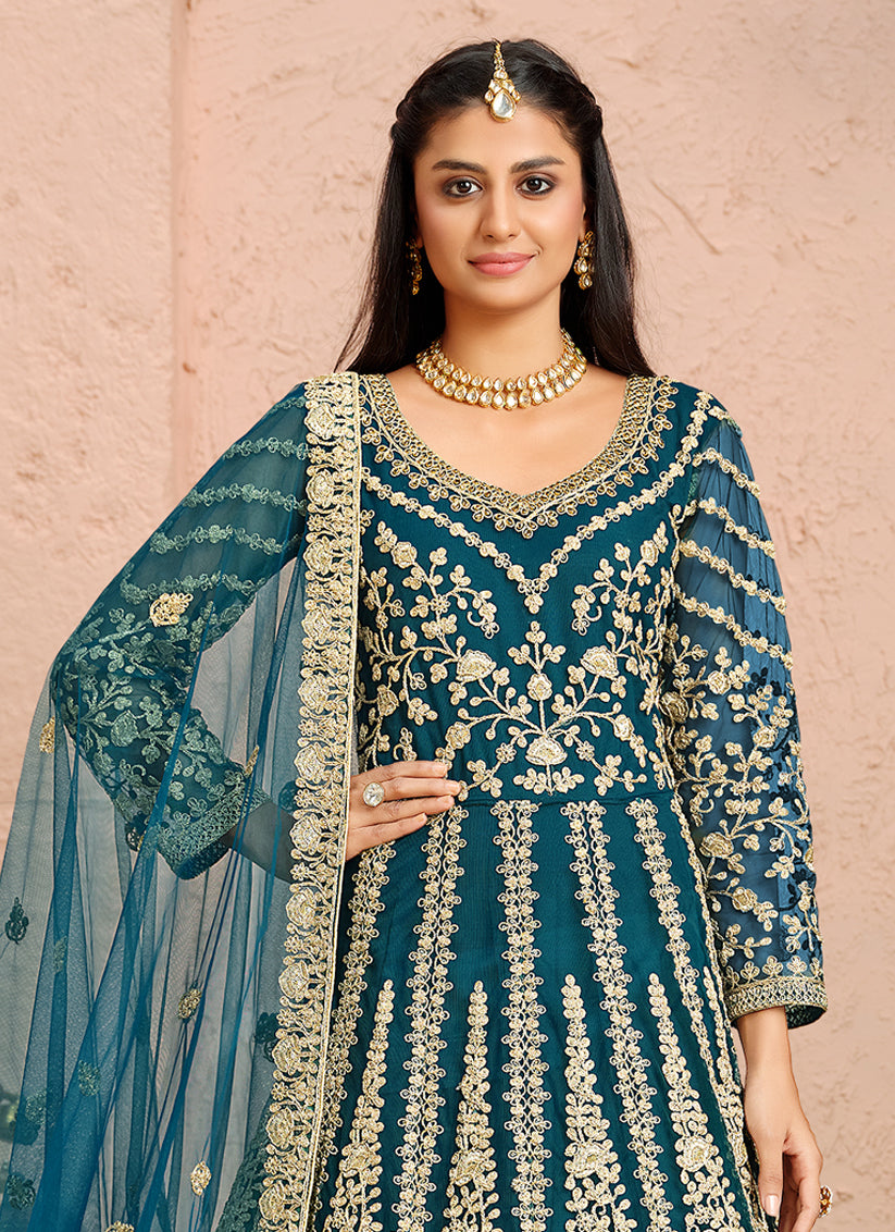 Teal Blue Net Heavy Embroidered Anarkali Suit