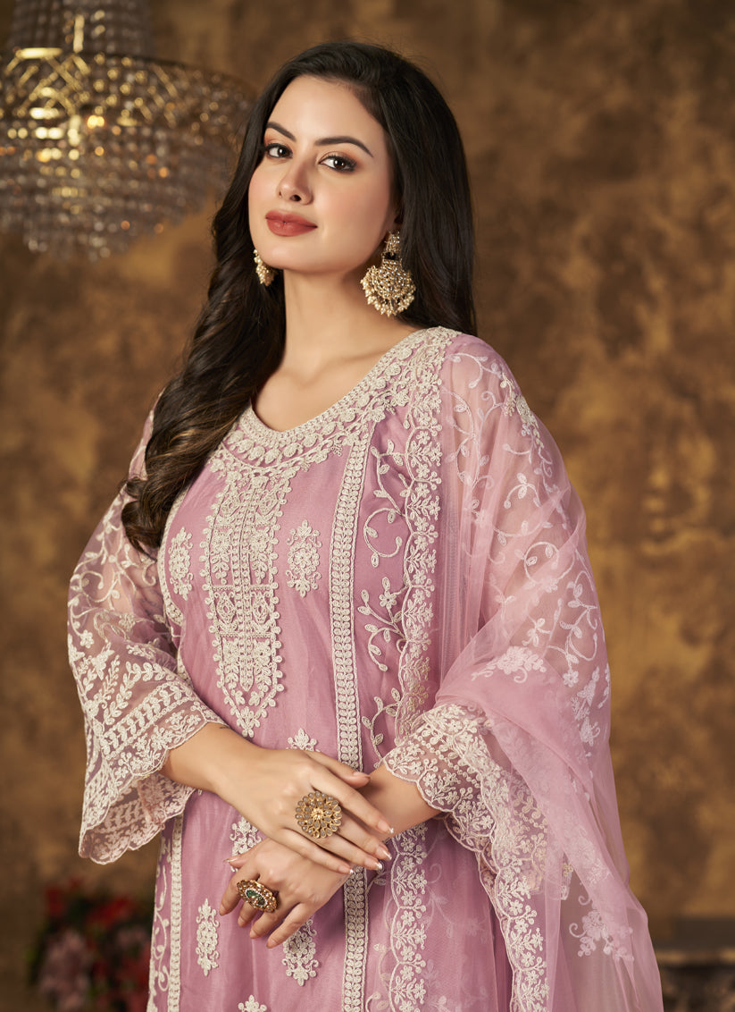 Carnation Pink Net Embroidered Palazzo Kameez