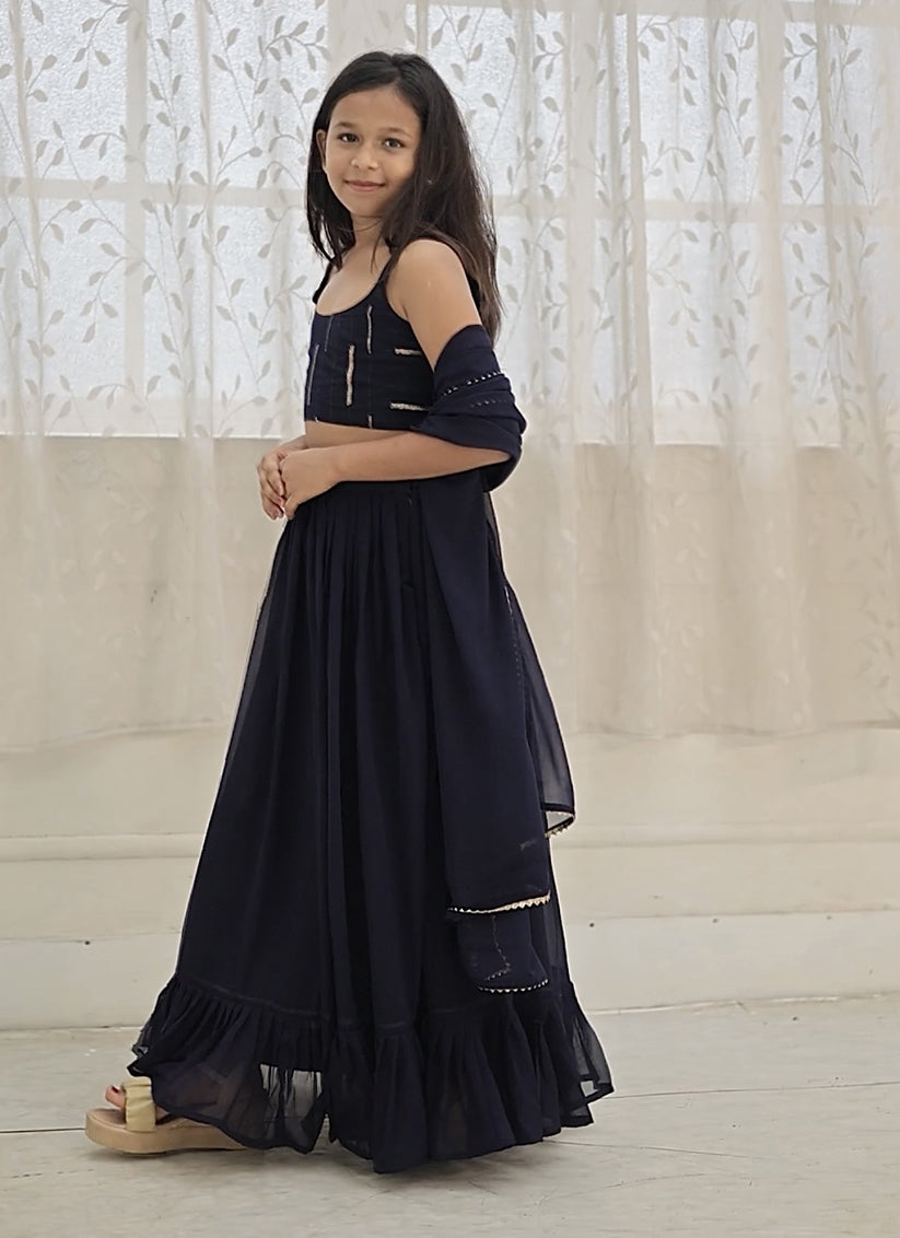 Midnight Blue Faux Georgette Kids Lehenga Choli