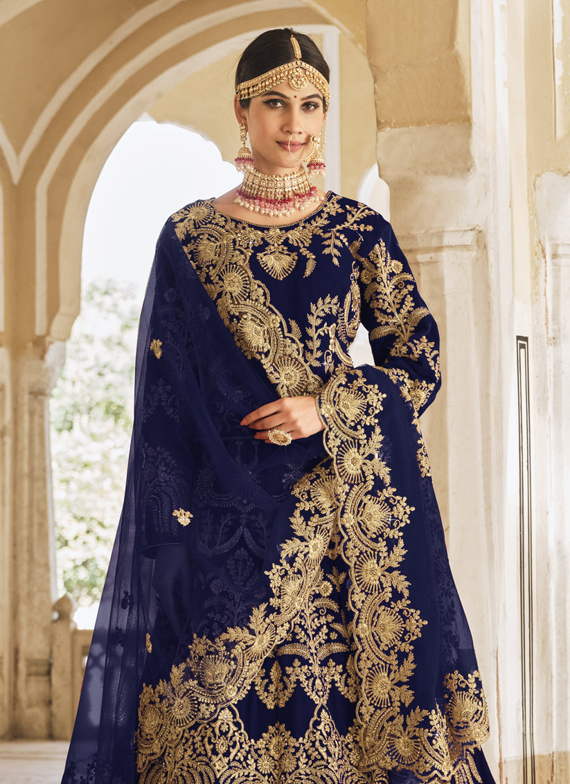 Navy blue velvet bridal lehenga best sale