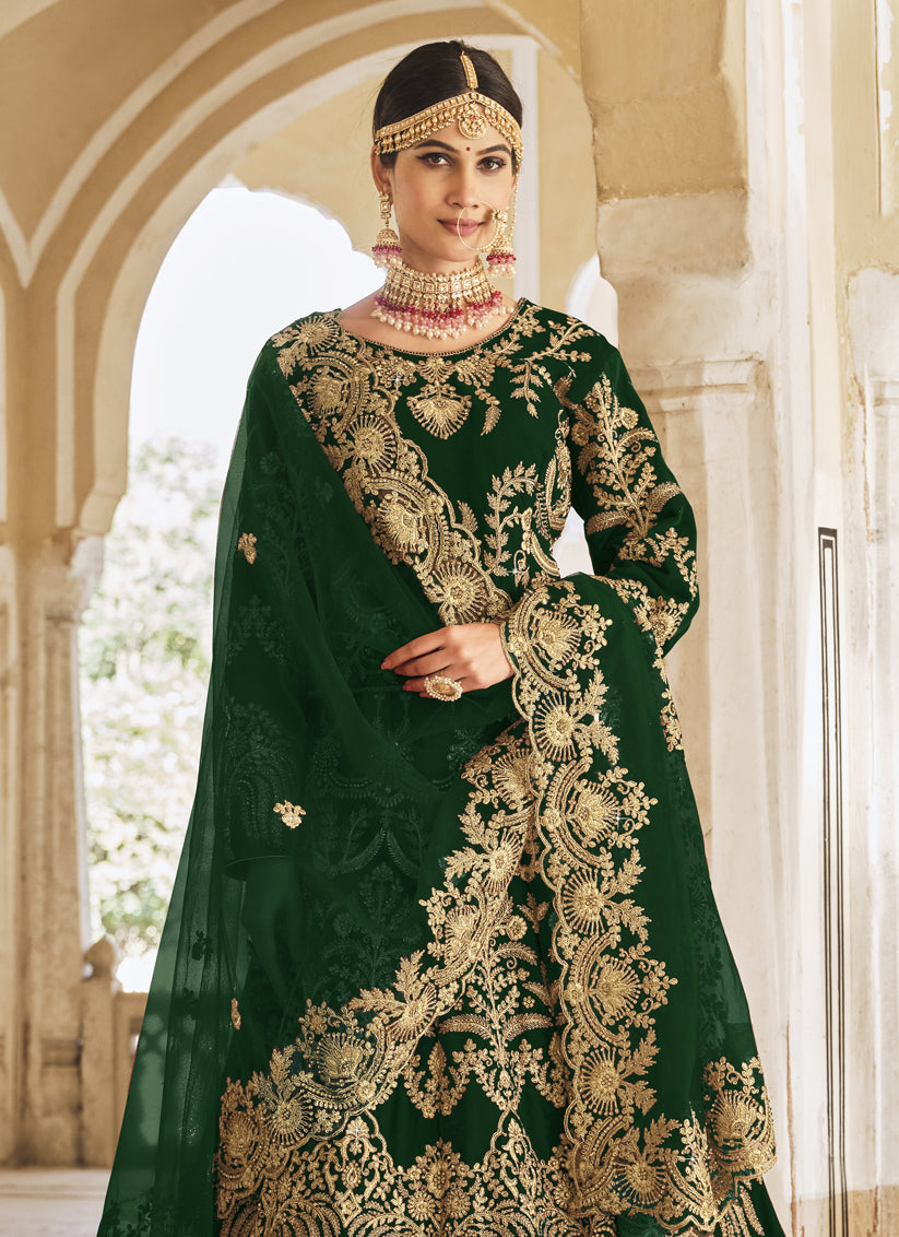 Green Heavy Velvet Bridal Lehenga Choli Set