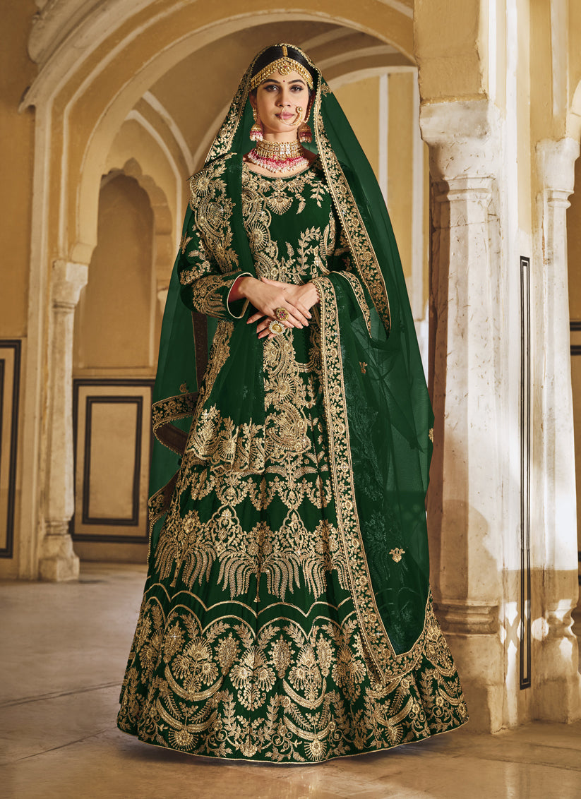 Green Heavy Velvet Bridal Lehenga Choli Set