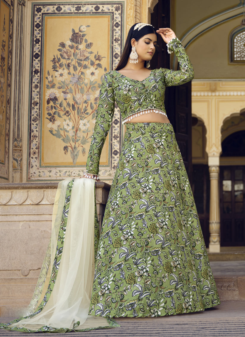 Olive Green Crushed Silk Designer Lehenga Choli Set