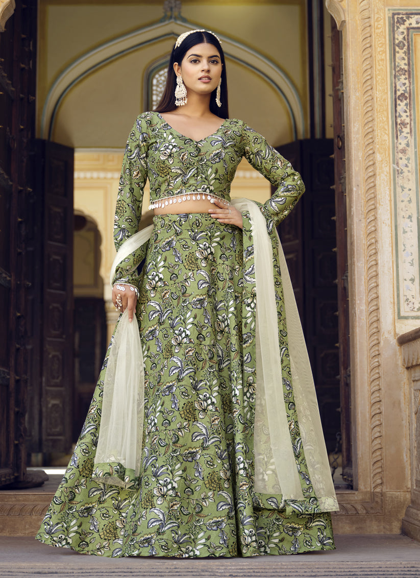 Olive Green Crushed Silk Designer Lehenga Choli Set