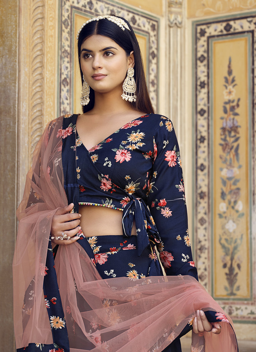 Navy Blue Crushed Silk Designer Lehenga Choli Set