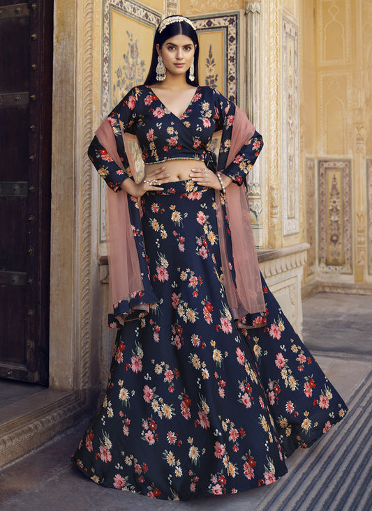 Navy Blue Crushed Silk Designer Lehenga Choli Set