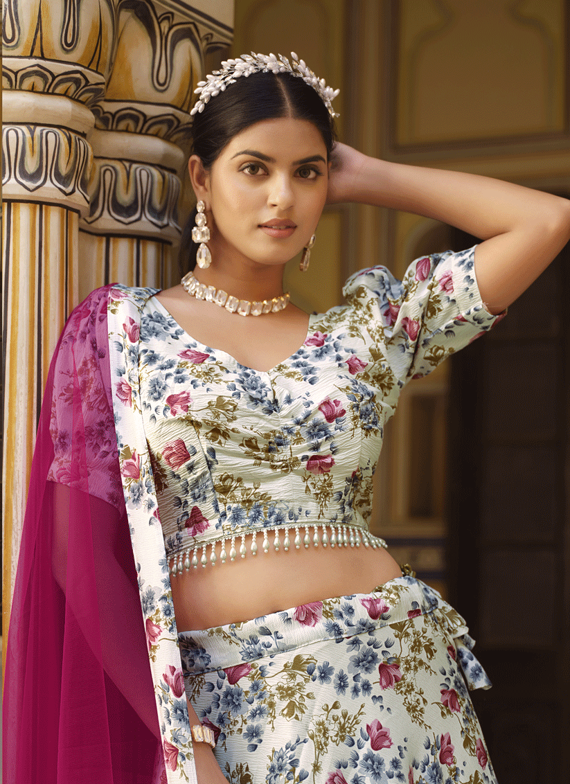 White Silk Floral Printed Lehenga Choli