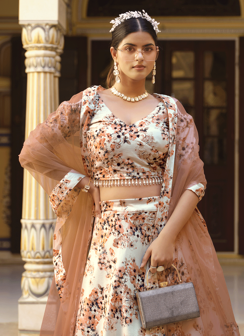 Off White Silk Floral Printed Lehenga Choli