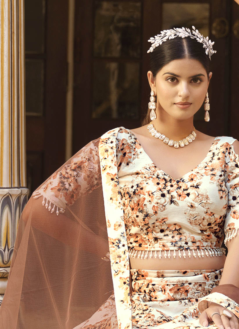 Off White Silk Floral Printed Lehenga Choli