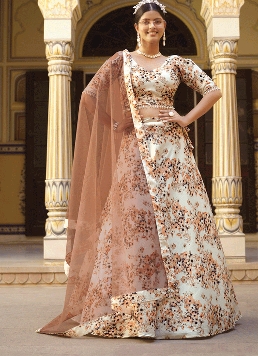 Off White Silk Floral Printed Lehenga Choli