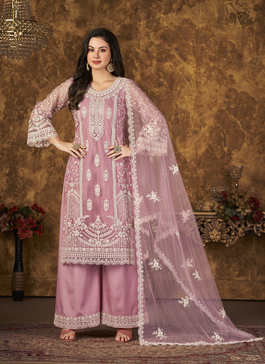Carnation Pink Net Embroidered Palazzo Kameez