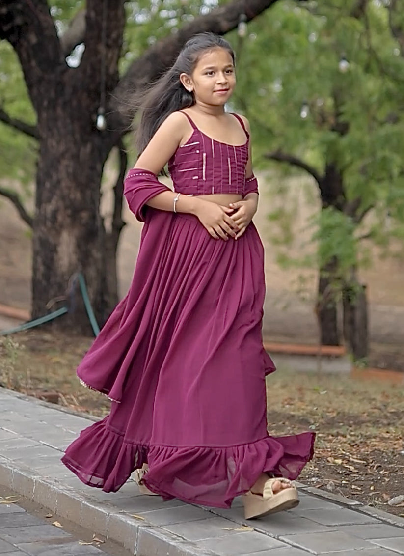 Wine Faux Georgette Kids Lehenga Choli