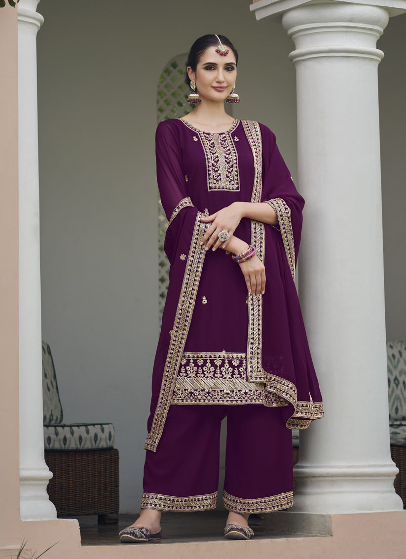 Wine Georgette Heavy Embroidered Palazzo Kameez Suit