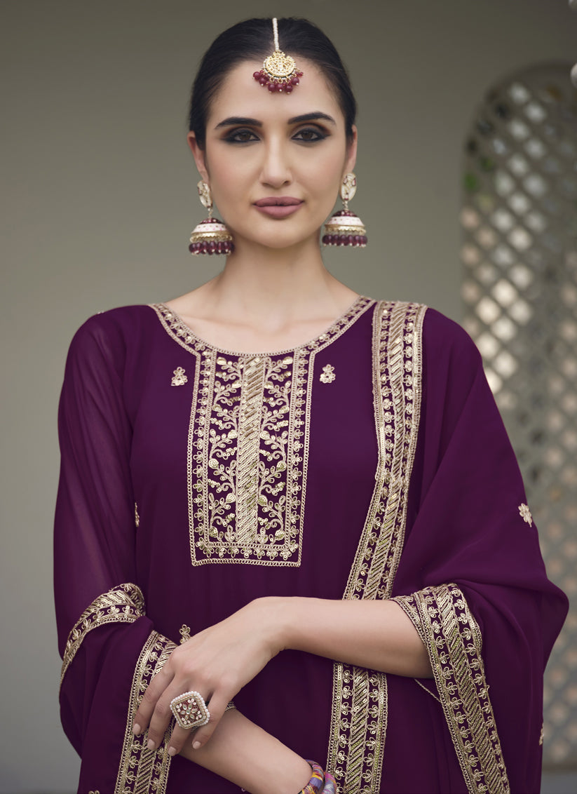 Wine Georgette Heavy Embroidered Palazzo Kameez Suit