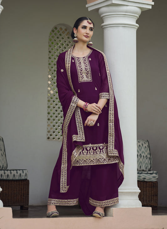 Wine Georgette Heavy Embroidered Palazzo Kameez Suit