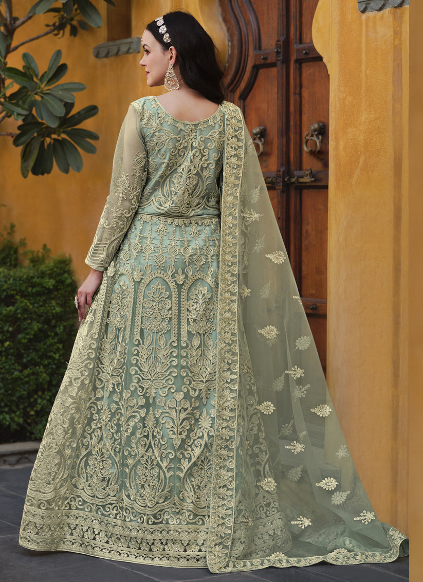 Mint Green Net Embroidered Designer Anarkali Suit