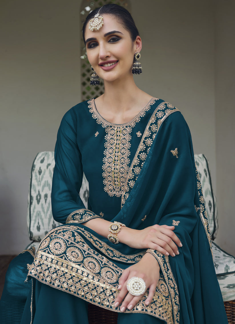 Teal Blue Georgette Heavy Embroidered Palazzo Kameez Suit