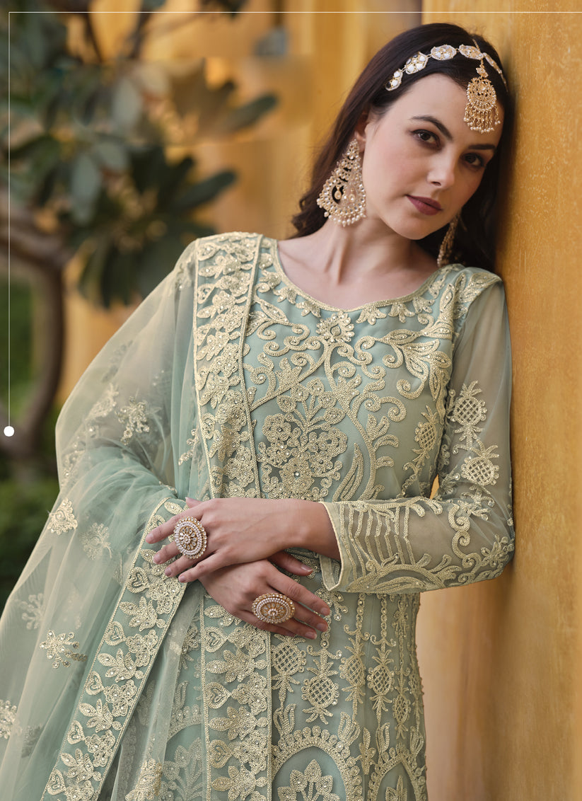 Mint Green Net Embroidered Designer Anarkali Suit