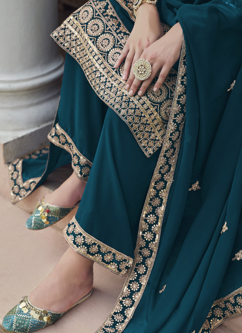 Teal Blue Georgette Heavy Embroidered Palazzo Kameez Suit